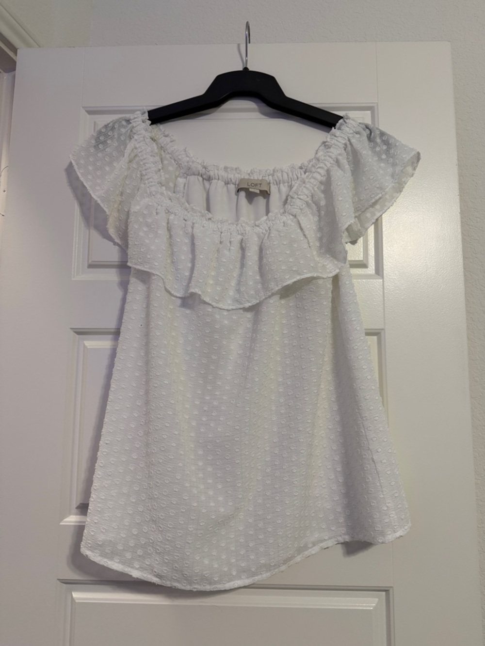 LOFT White Swiss Dot Off-Shoulder Ruffle Blouse